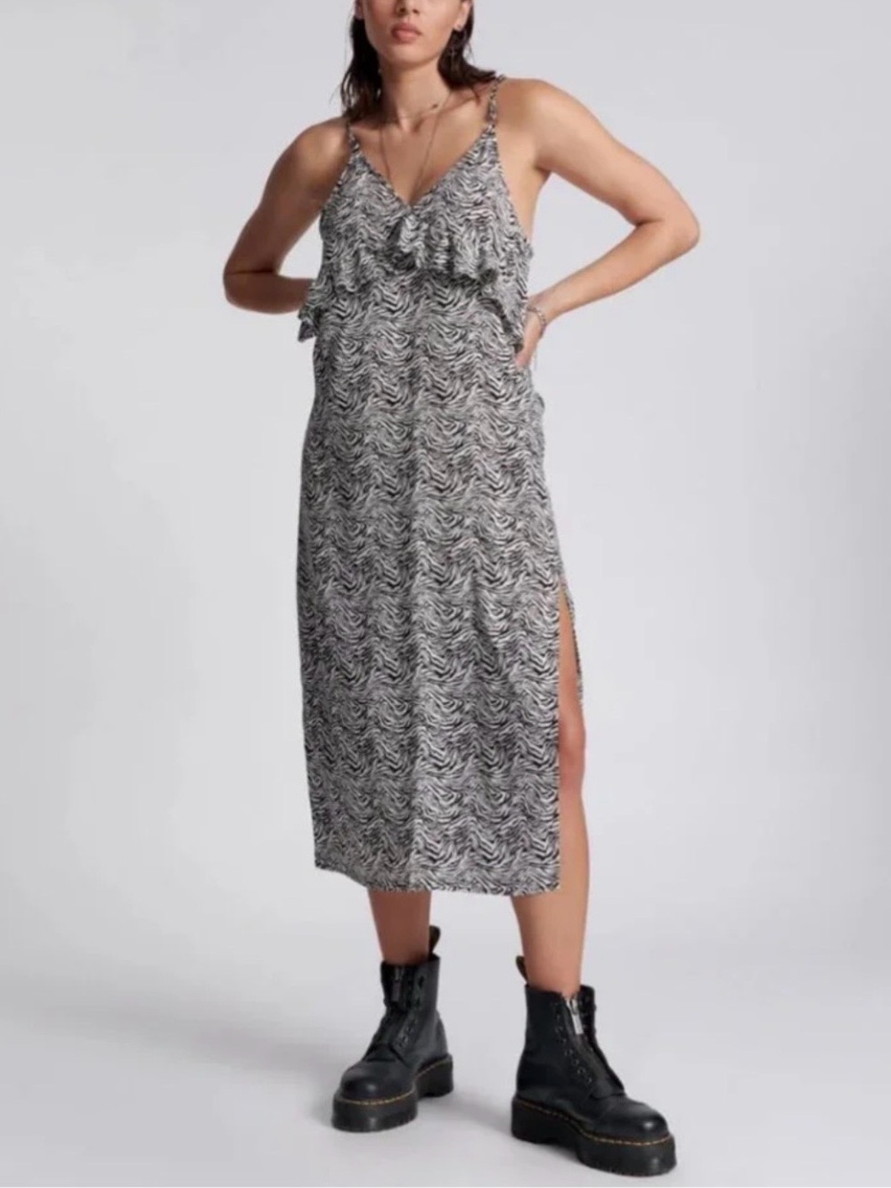 One Teaspoon, Black & White Zebra Print Midi Dress with Ruffle Bodice, sz M